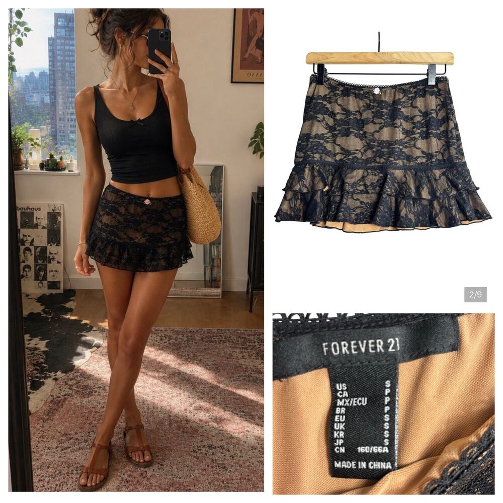 Whimsigoth Black Lace Ruffle Mini Skirt Size S Mesh Stretch Pull On